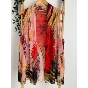 Susan Graver Women Red Pink Abstract Floral Animal Print Chiffon Open Front Vest